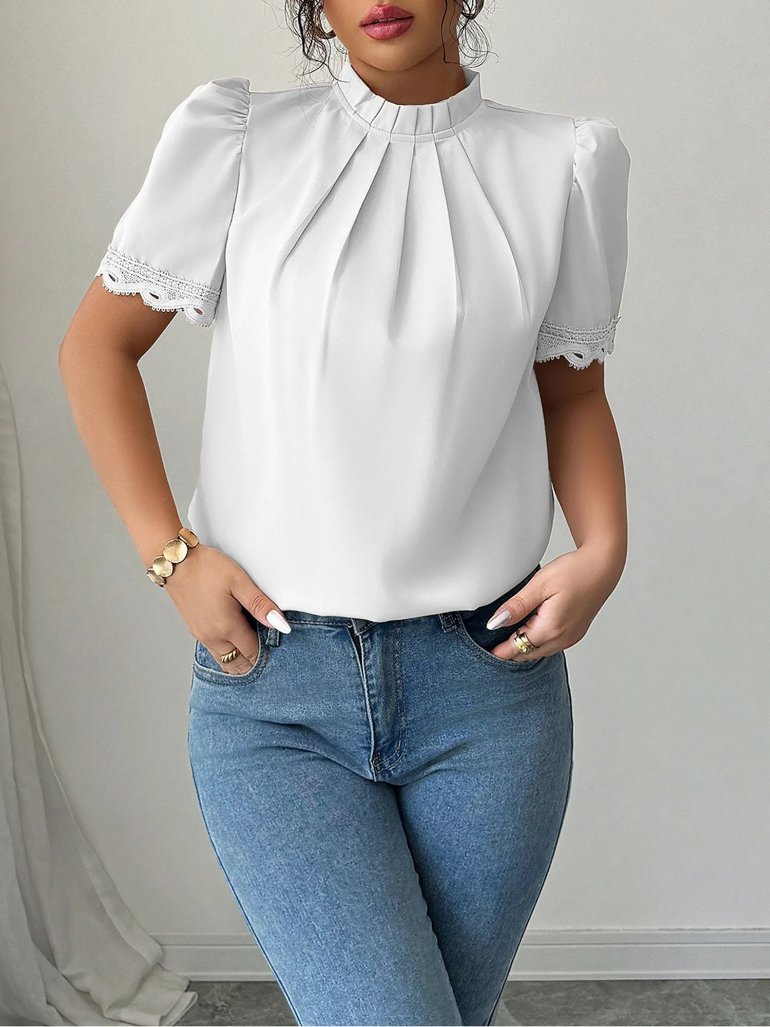 Mock Neck Puff Sleeve Solid Color Pleated Blouse sold by Allegra K