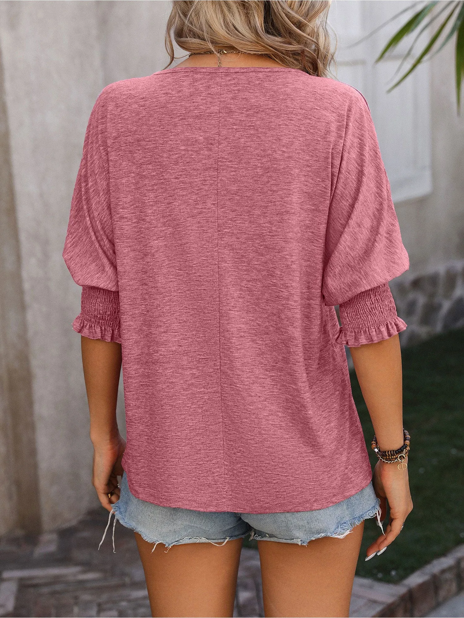 Notch Neck Smocked Puff Sleeves Casual Blouse sold by Allegra K product image thumbnail 2