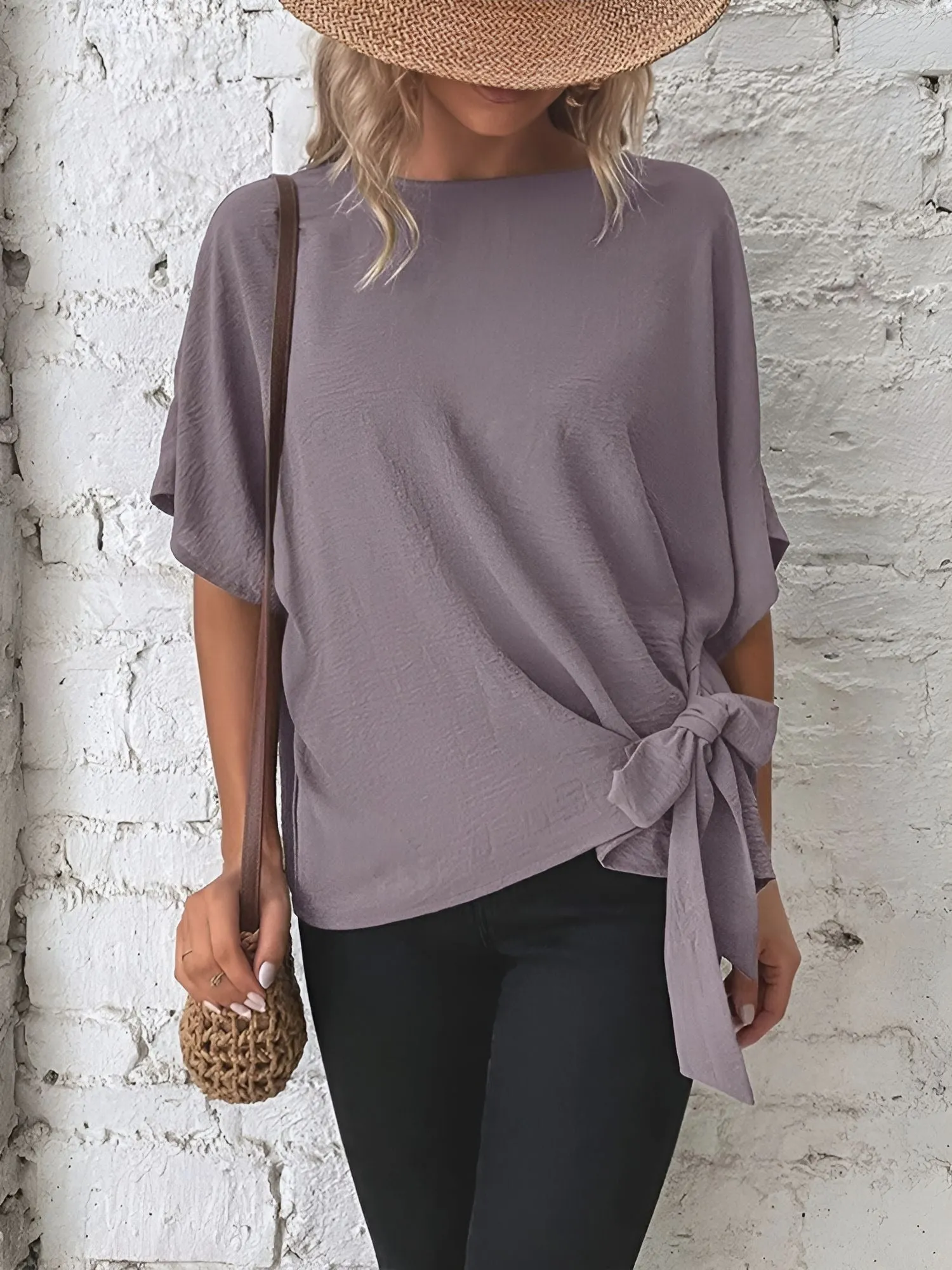 Solid Color Bat Sleeves Lace-Up Bow Blouse sold by Allegra K product image thumbnail 5