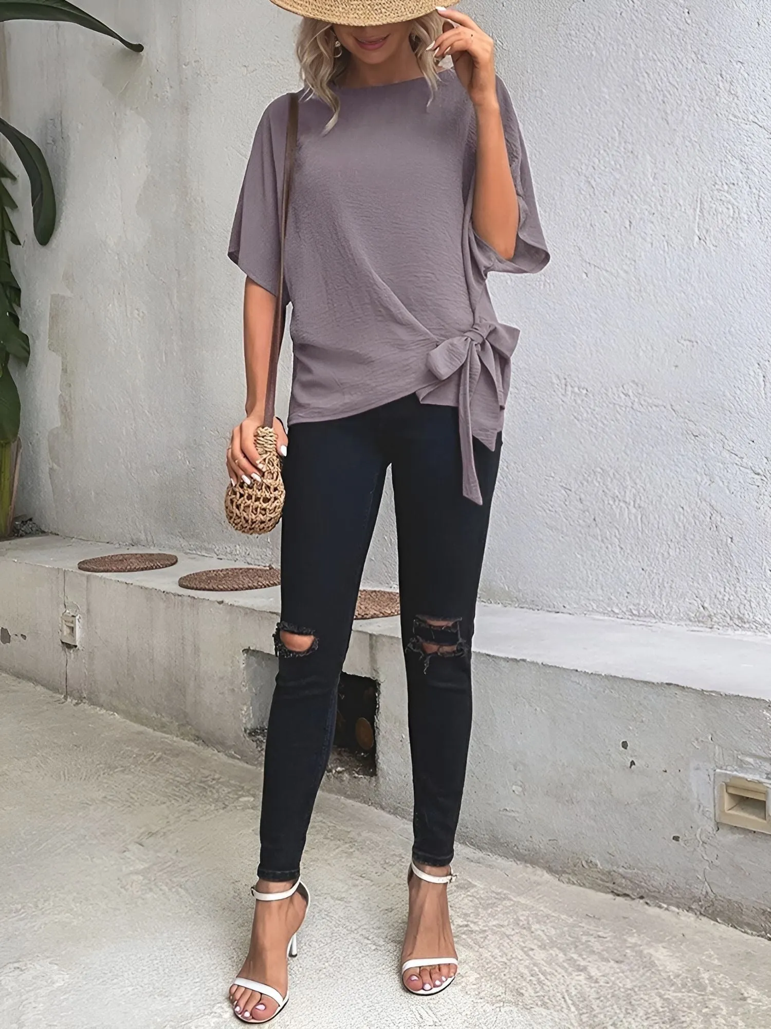 Solid Color Bat Sleeves Lace-Up Bow Blouse sold by Allegra K product image thumbnail 3