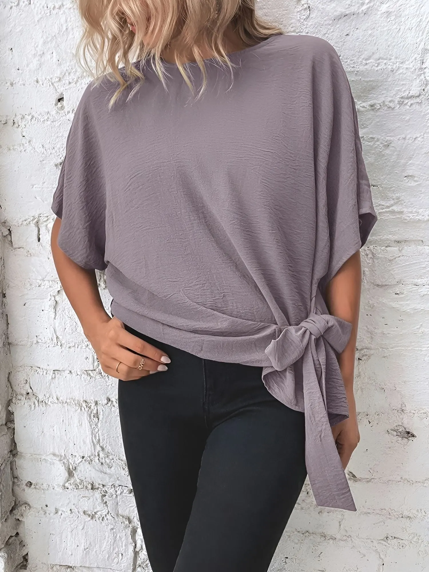 Solid Color Bat Sleeves Lace-Up Bow Blouse sold by Allegra K product image thumbnail 4
