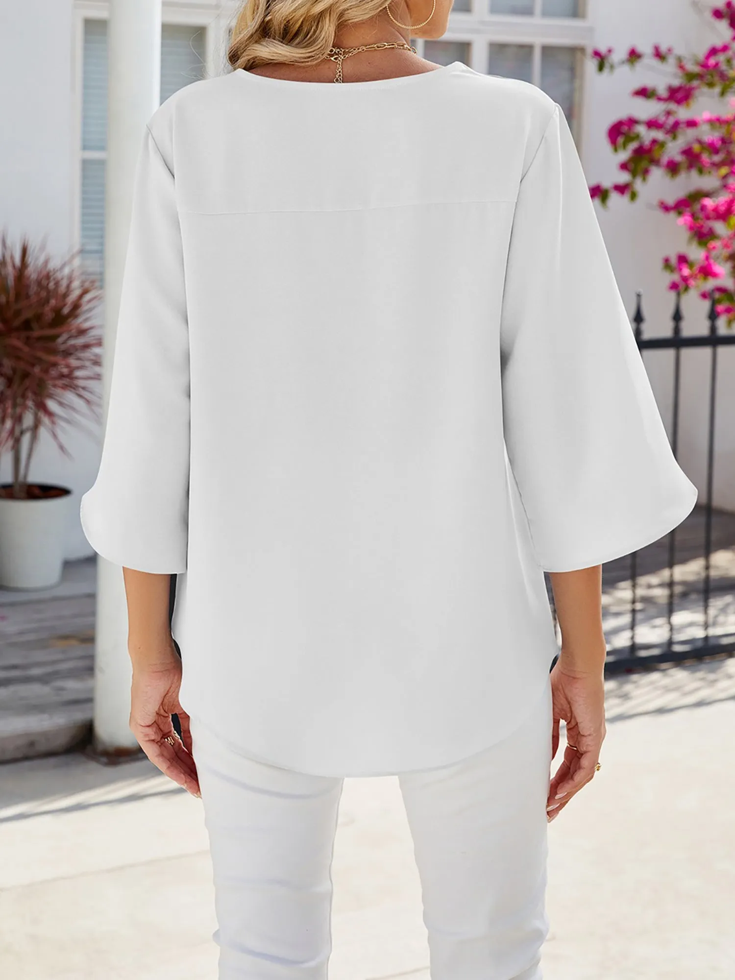 Solid Color V-Neck Mid-Sleeve Loose Chiffon Shirt for Women sold by Allegra K product image thumbnail 2