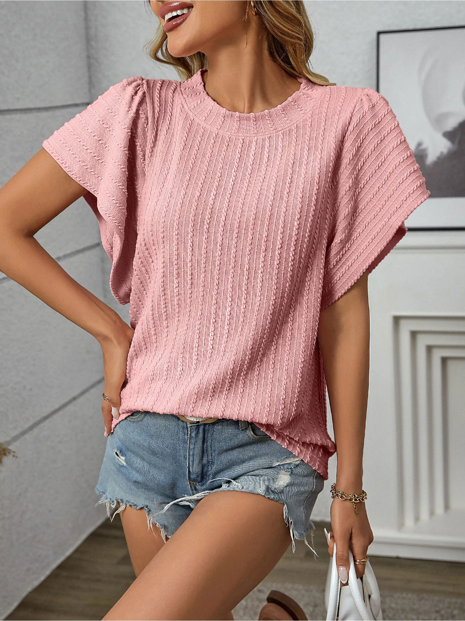 Round Neck Short Sleeve Textured Blouse sold by Allegra K product image thumbnail 3