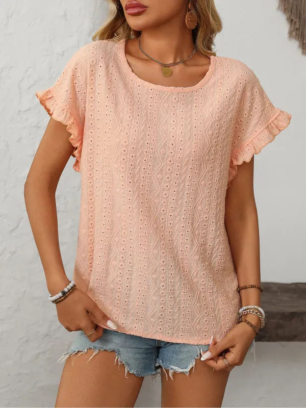 Round Neck Short Sleeve Eyelet Ruffled Blouse sold by Allegra K