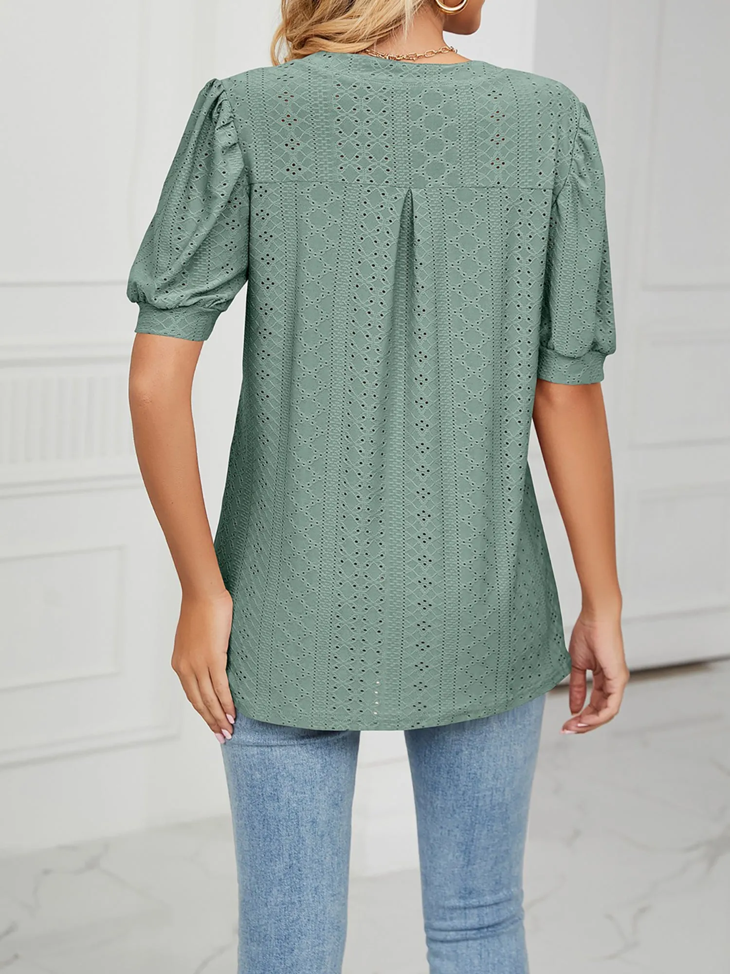 Notch Neck Solid Color Puff Sleeve Textured Blouse sold by Allegra K product image thumbnail 2