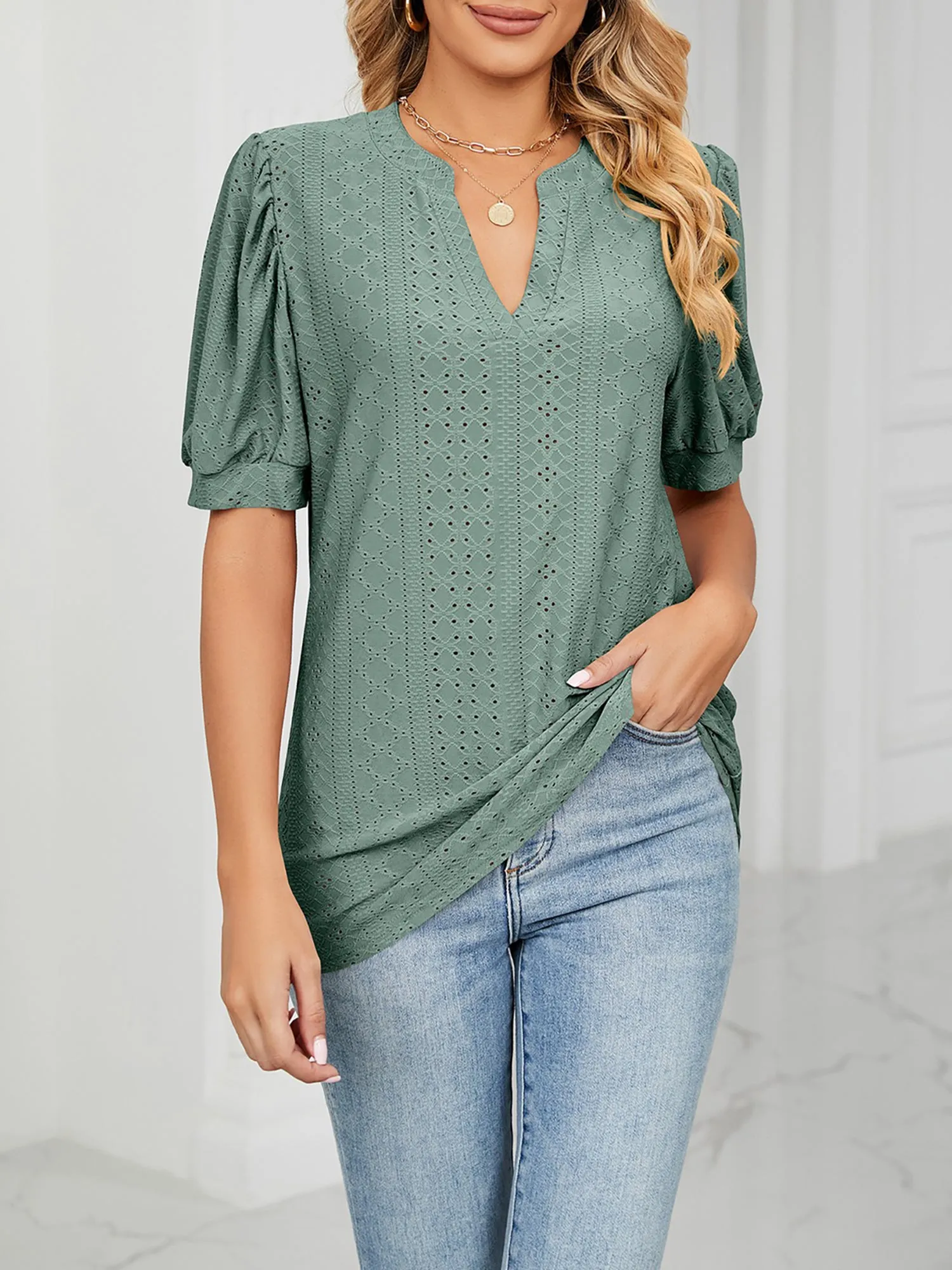 Notch Neck Solid Color Puff Sleeve Textured Blouse sold by Allegra K