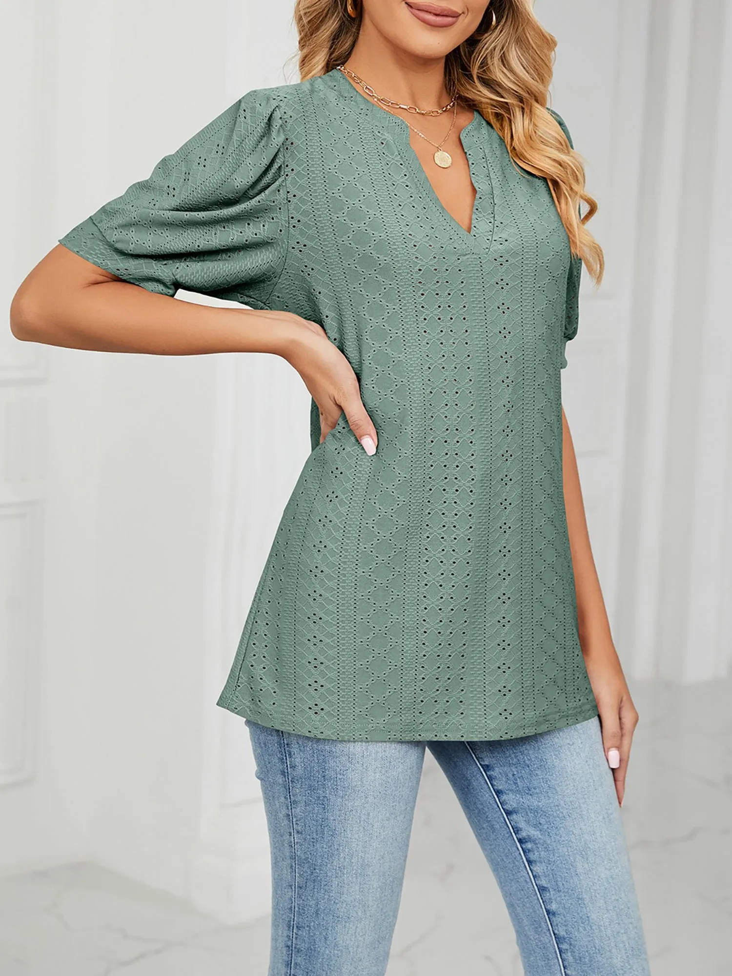 Notch Neck Solid Color Puff Sleeve Textured Blouse sold by Allegra K product image thumbnail 3