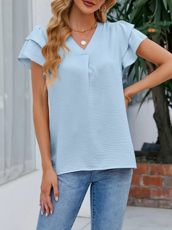 Short Sleeves V Neck Ruffles Chiffon Blouse sold by Allegra K