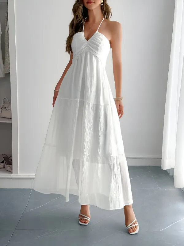 Halter Neck Sleeveless Backless Tiered A-Line Dress sold by Allegra K