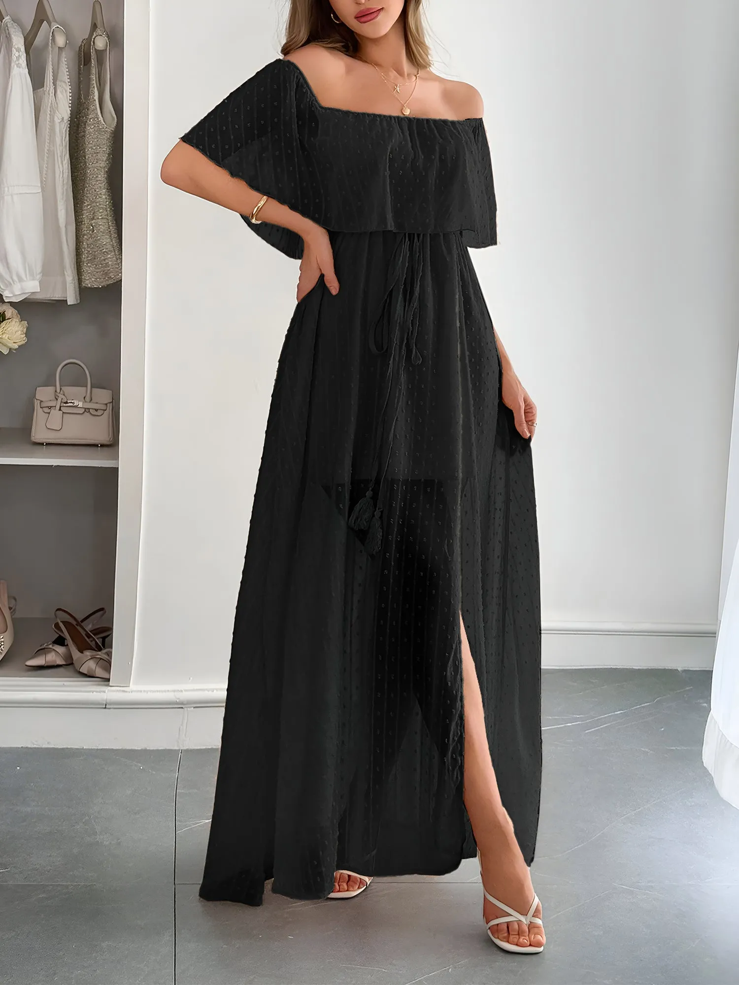Swiss Dots Off Shoulder Lace-Up Sheer Maxi Dress sold by Allegra K product image thumbnail 5