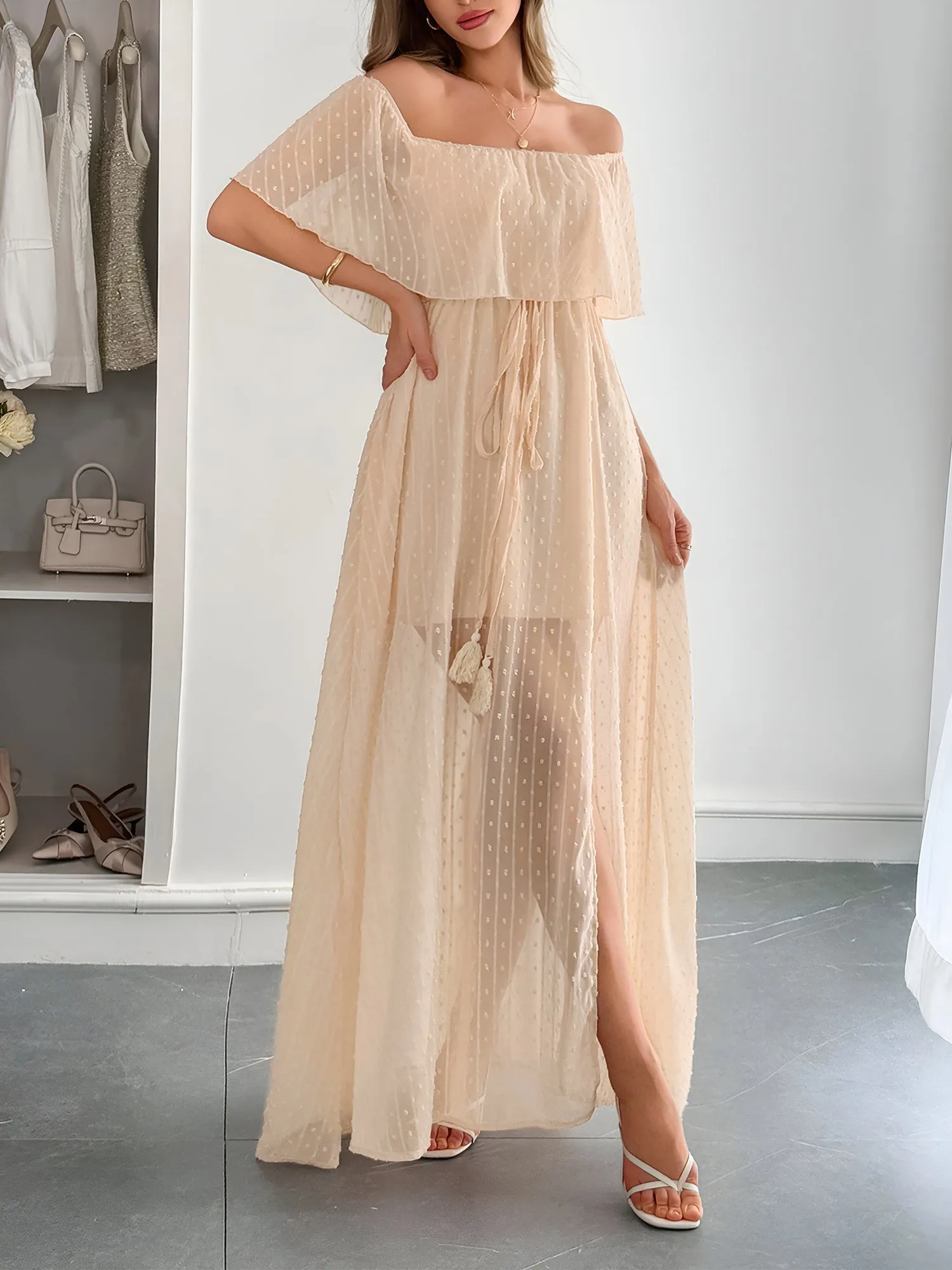 Swiss Dots Off Shoulder Lace-Up Sheer Maxi Dress sold by Allegra K product image thumbnail 3