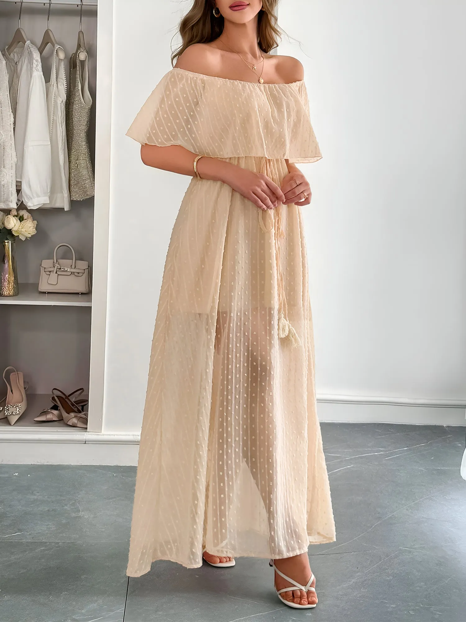 Swiss Dots Off Shoulder Lace-Up Sheer Maxi Dress sold by Allegra K