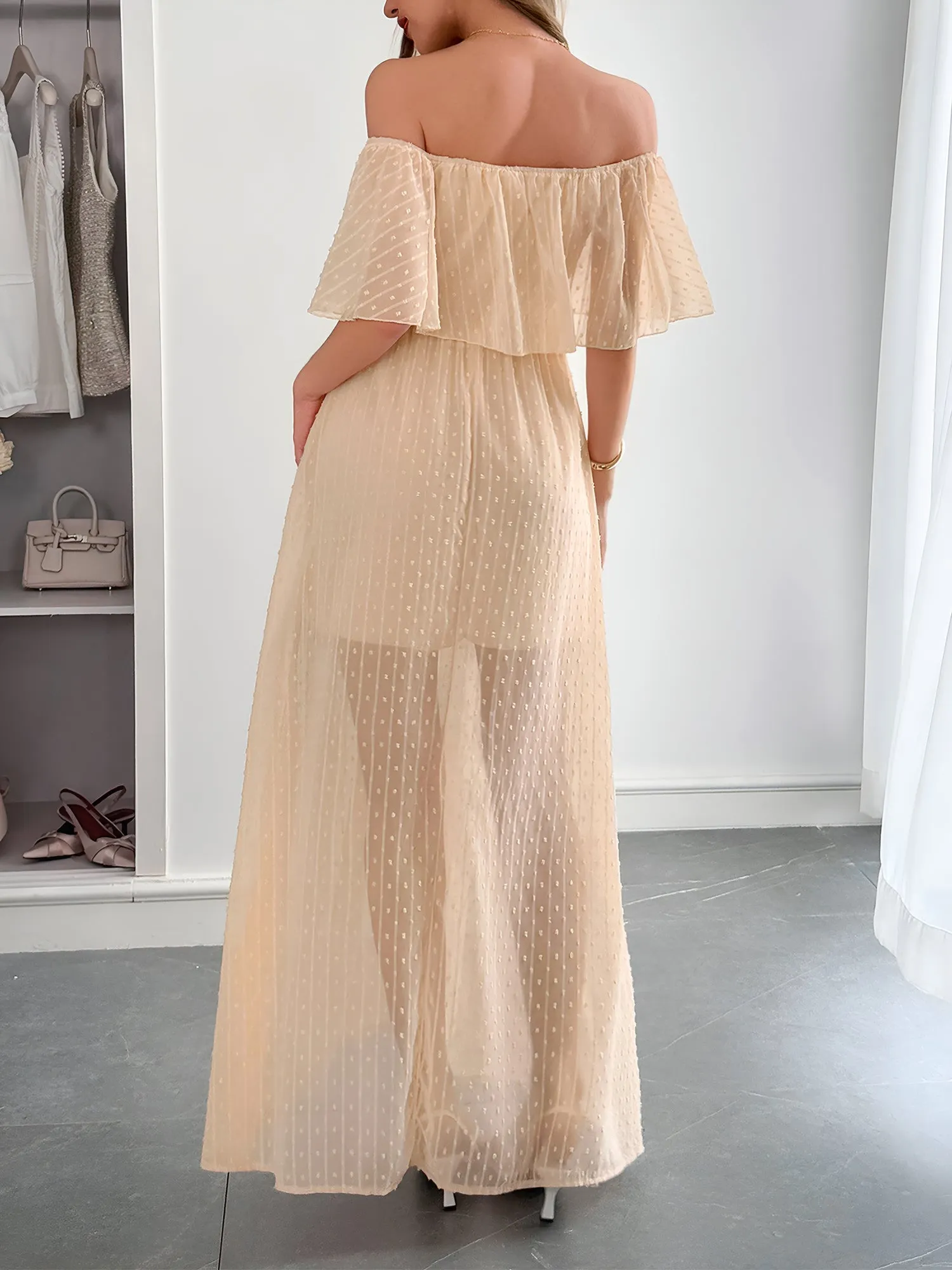 Swiss Dots Off Shoulder Lace-Up Sheer Maxi Dress sold by Allegra K product image thumbnail 2