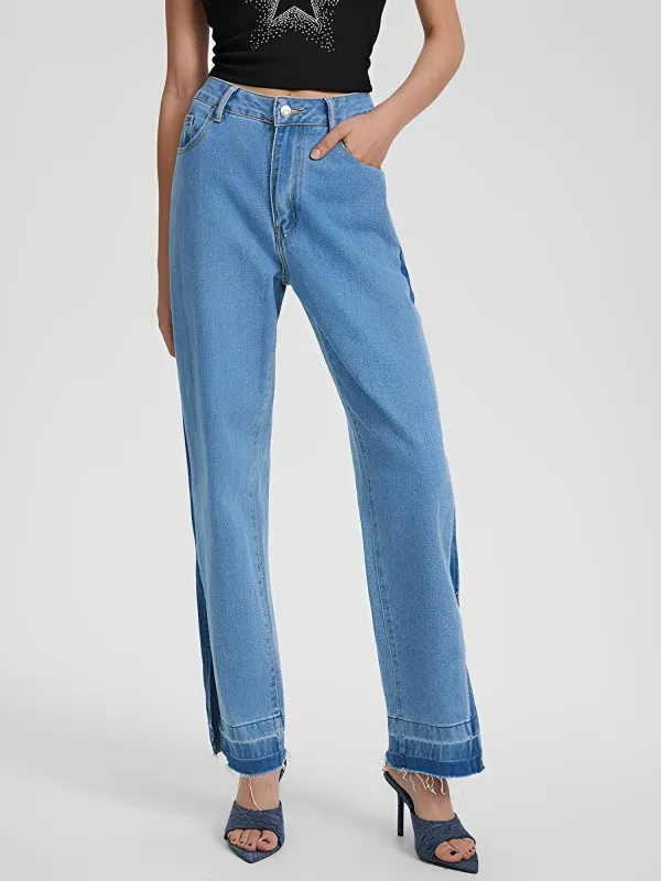 Denim Two Tone Straight Legs Side Slit Jeans sold by Allegra K