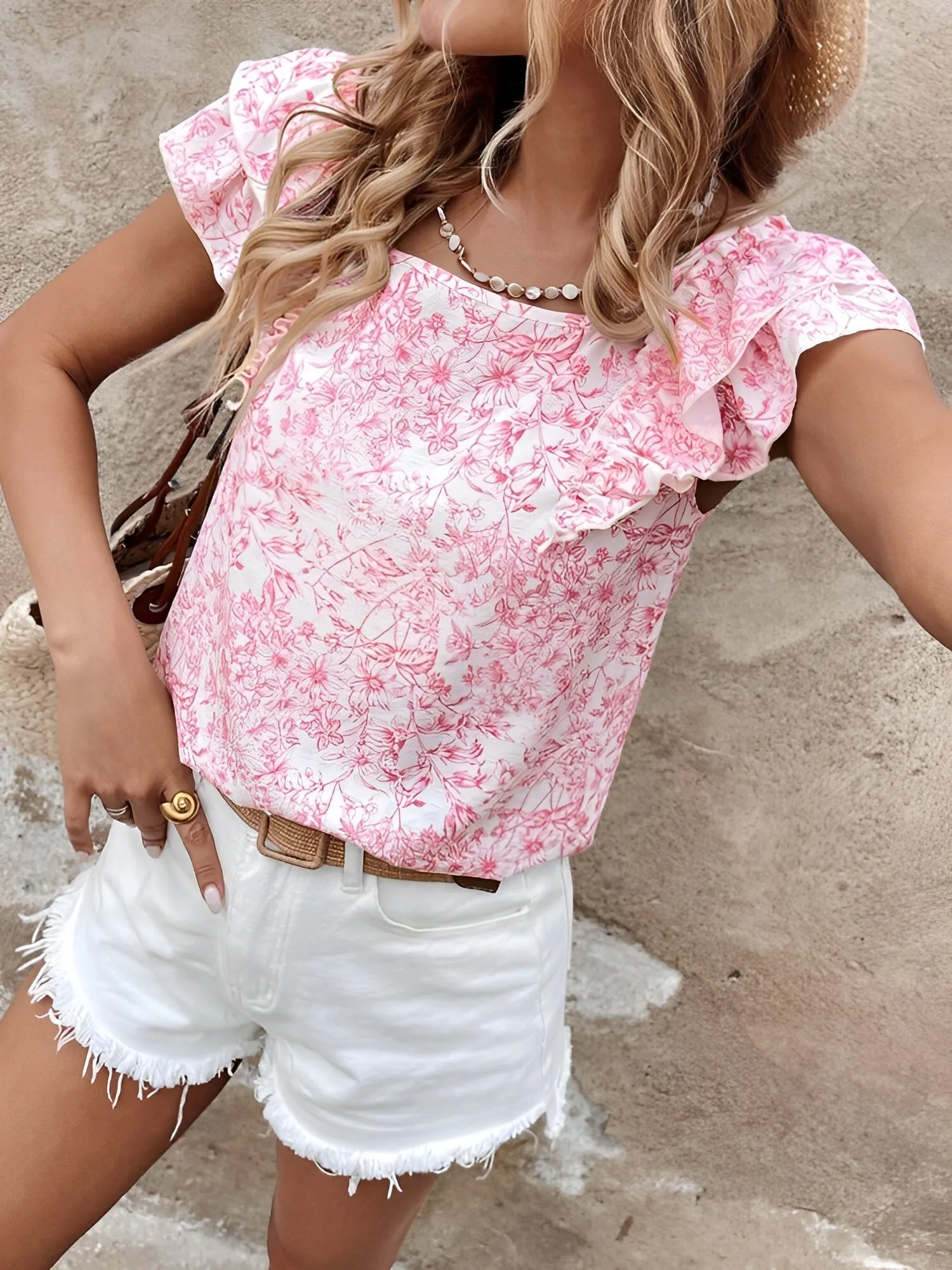 Floral Back Bow Ruffled Short Sleeve Blouse sold by Allegra K product image thumbnail 3