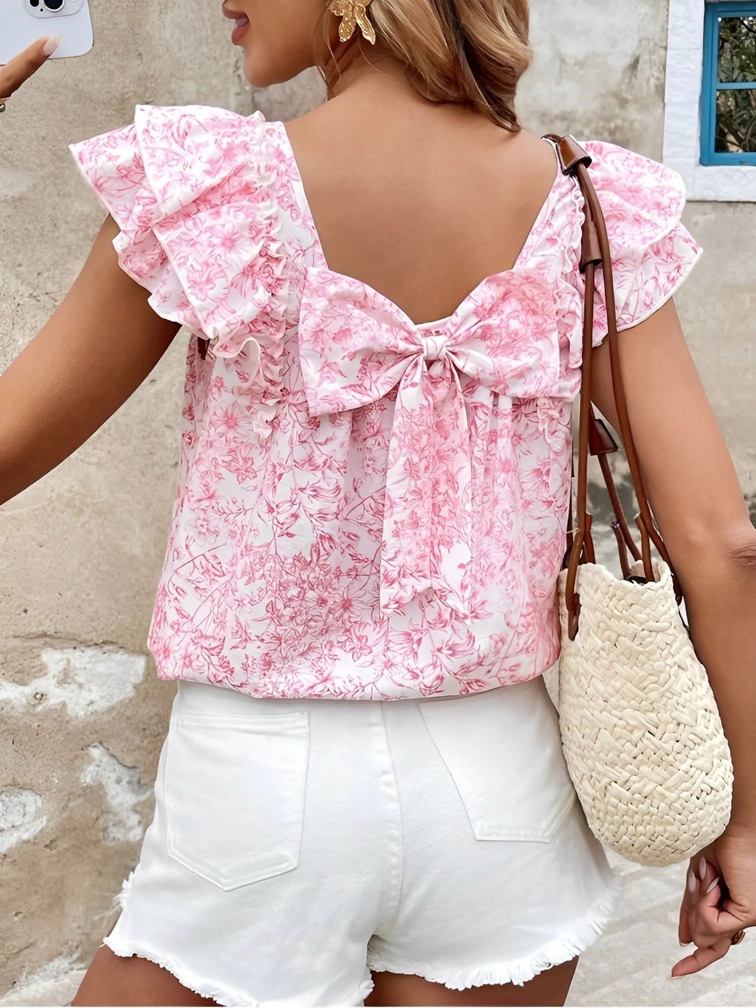 Floral Back Bow Ruffled Short Sleeve Blouse sold by Allegra K product image thumbnail 2