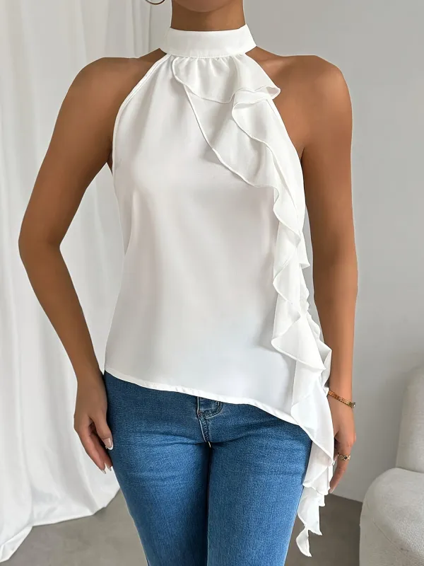 Halter Neck Sleeveless Ruffled Mesh Blouse sold by Allegra K