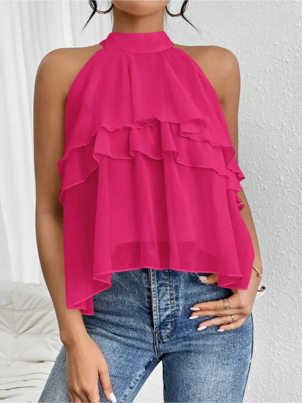Halter Neck Sleeveless Ruffled Tiered Blouse sold by Allegra K