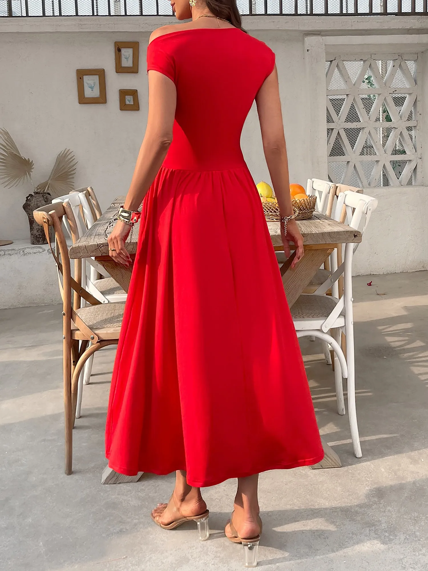 Off Shoulder Solid Color Pocketed Midi Dress sold by Allegra K product image thumbnail 2