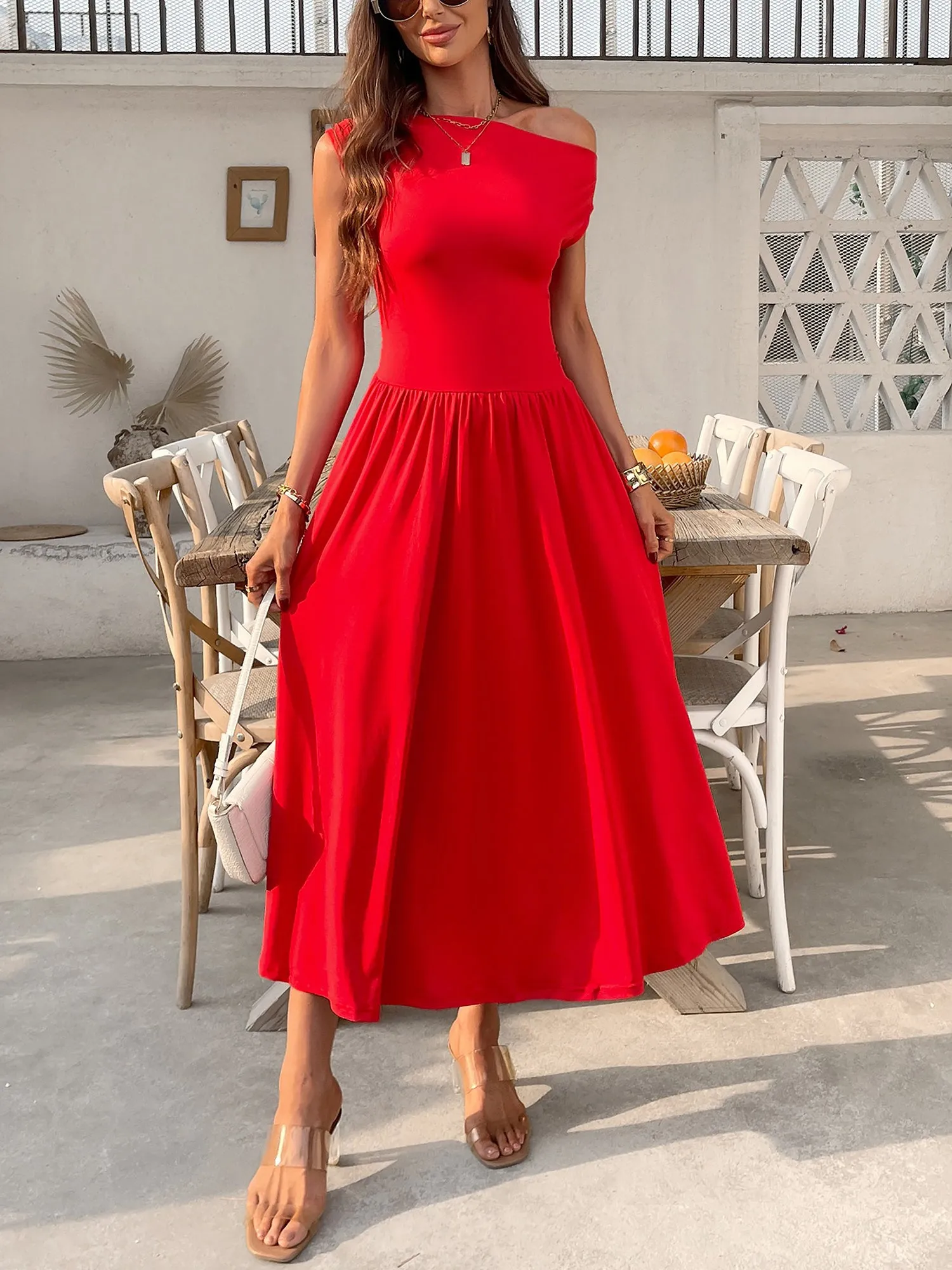 Off Shoulder Solid Color Pocketed Midi Dress sold by Allegra K product image thumbnail 3