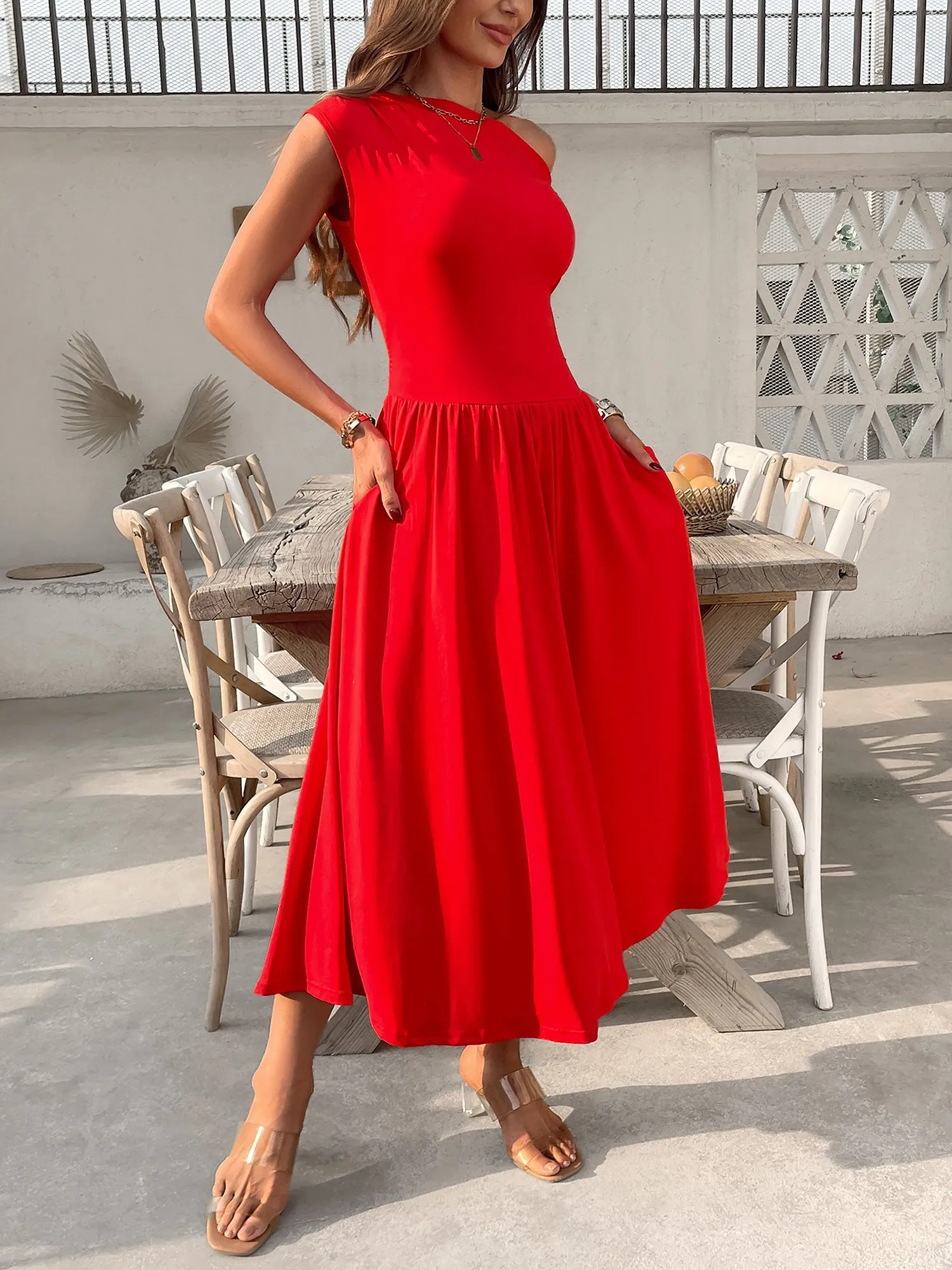 Off Shoulder Solid Color Pocketed Midi Dress sold by Allegra K product image thumbnail 4