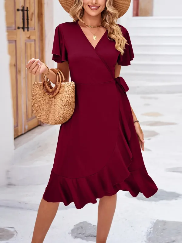 Flare Sleeves Lace-Up Ruffled Midi Wrap Dress sold by Allegra K