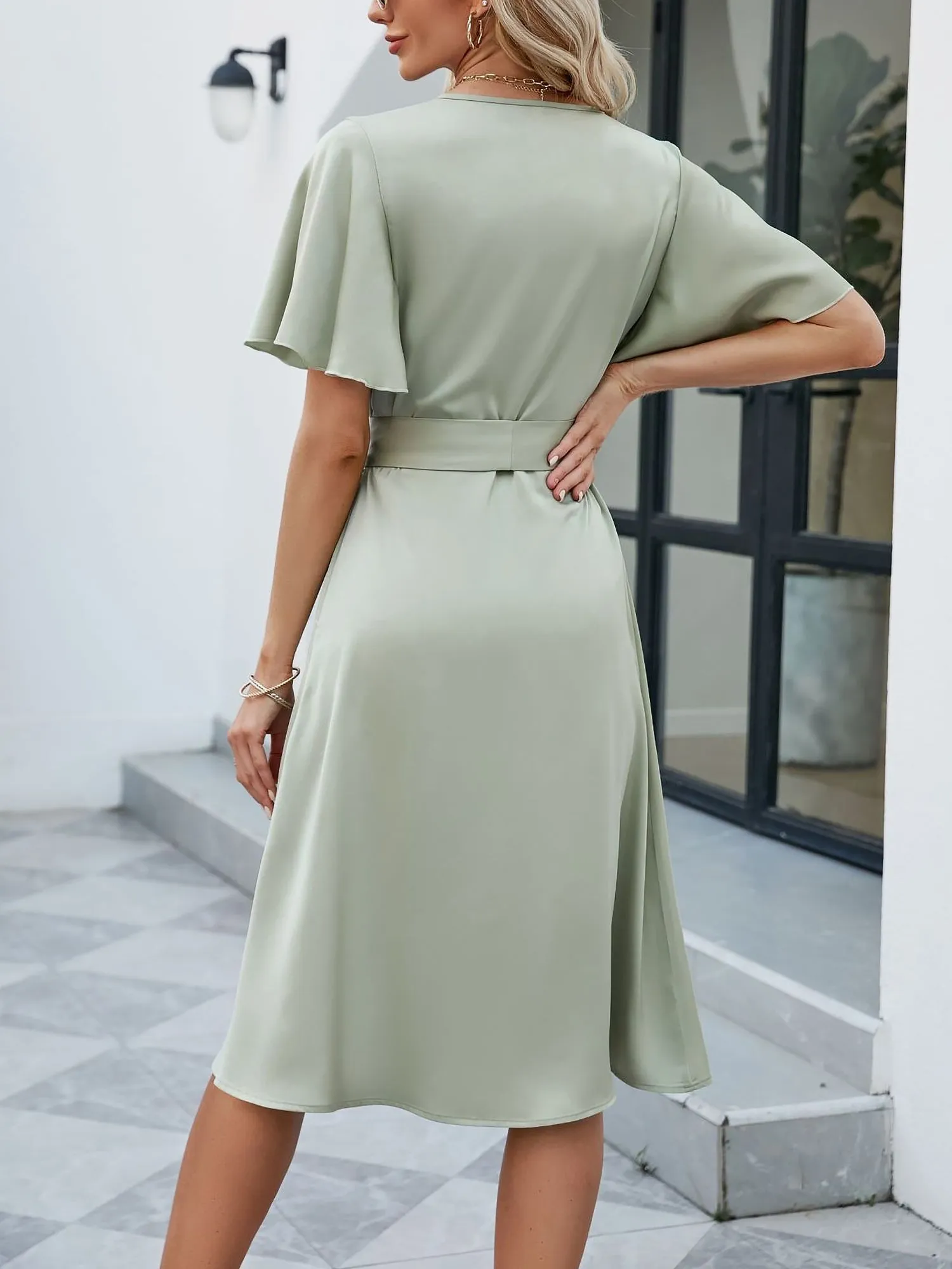Satin V Neck Flare Sleeve Tie Waist Midi Dress sold by Allegra K product image thumbnail 2