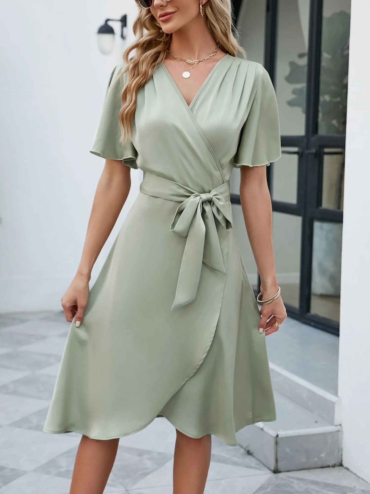Satin V Neck Flare Sleeve Tie Waist Midi Dress sold by Allegra K product image thumbnail 5