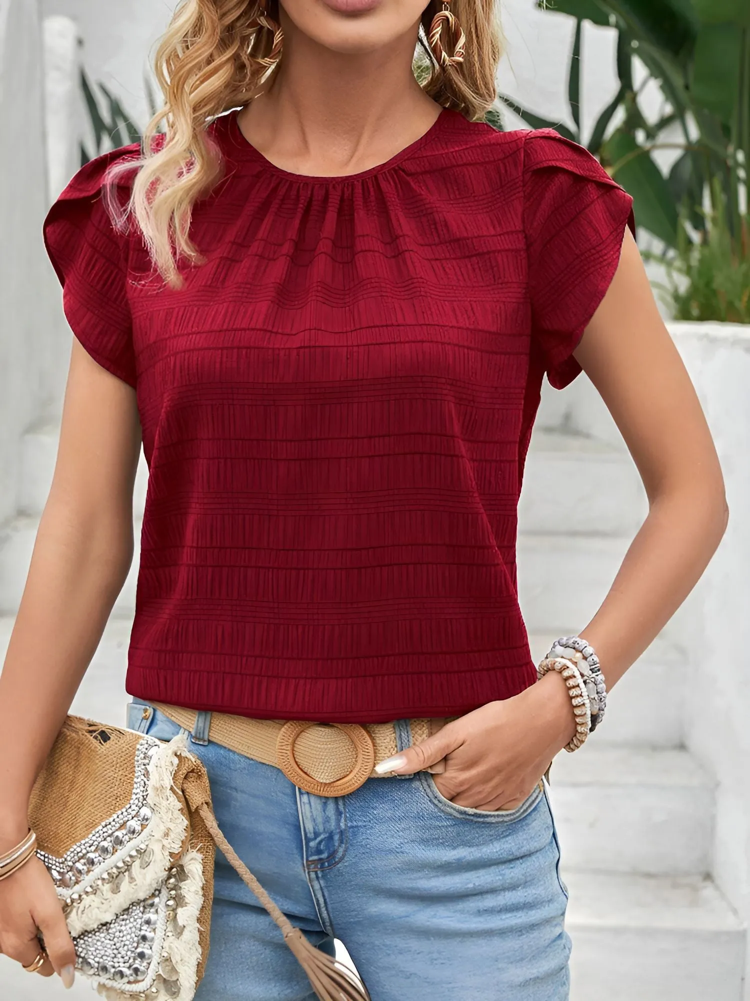 Round Neck Short Sleeves Textured Blouse sold by Allegra K product image thumbnail 4
