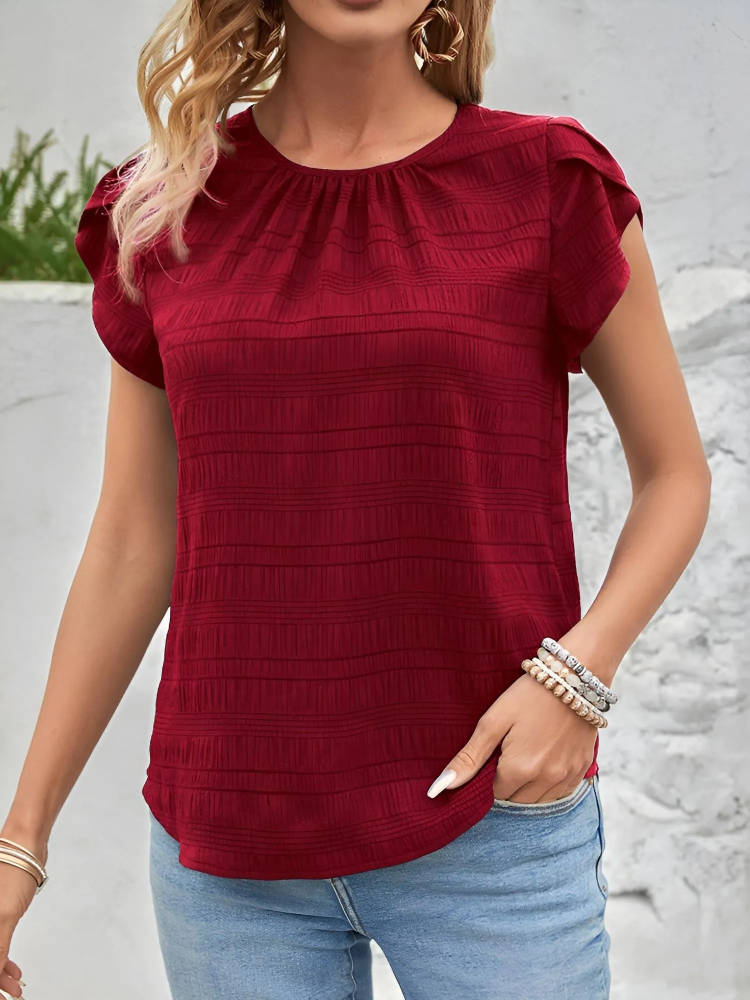 Round Neck Short Sleeves Textured Blouse sold by Allegra K product image thumbnail 3