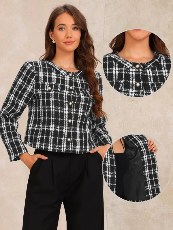 Plaid Tweed Crew Neck Work Office Cropped Jacket sold by Allegra K