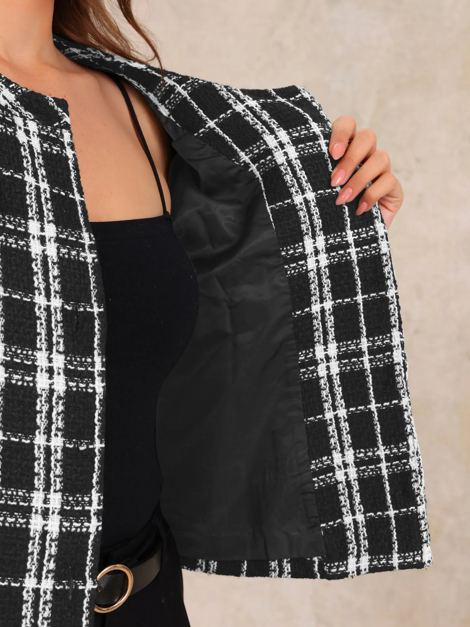 Plaid Tweed Crew Neck Work Office Cropped Jacket sold by Allegra K product image thumbnail 4