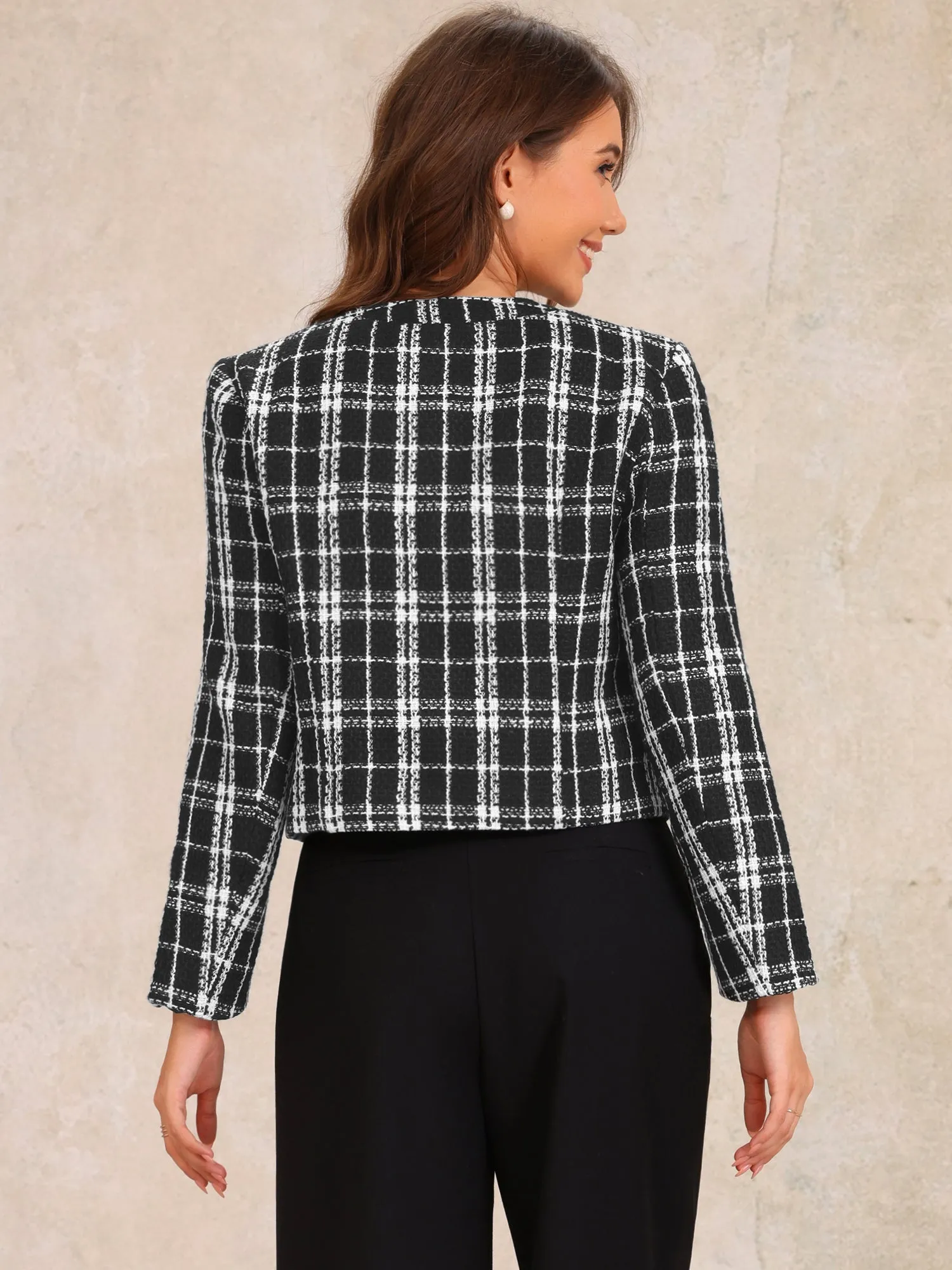 Plaid Tweed Crew Neck Work Office Cropped Jacket sold by Allegra K product image thumbnail 3