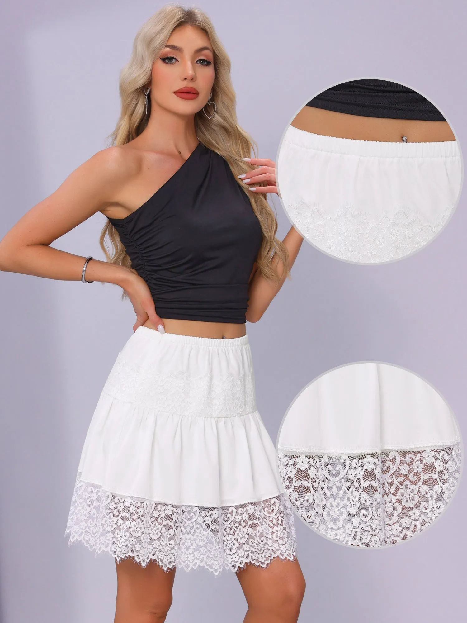 Lace Mini Y2K Ruffle Elastic Waist Tiered A-Line Skirt sold by Allegra K