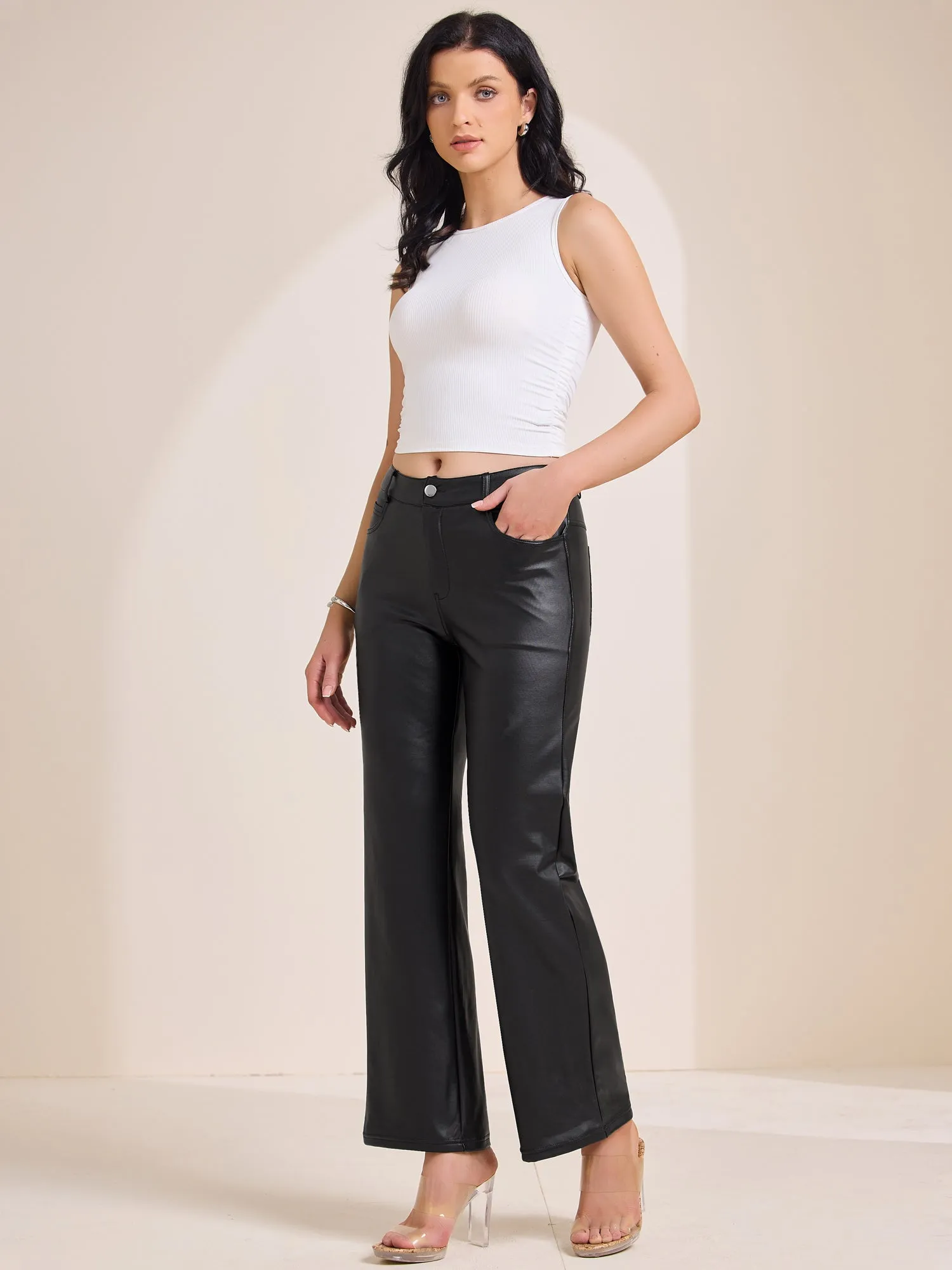 Straight Legs Pocketed Faux Leather Pants sold by Allegra K