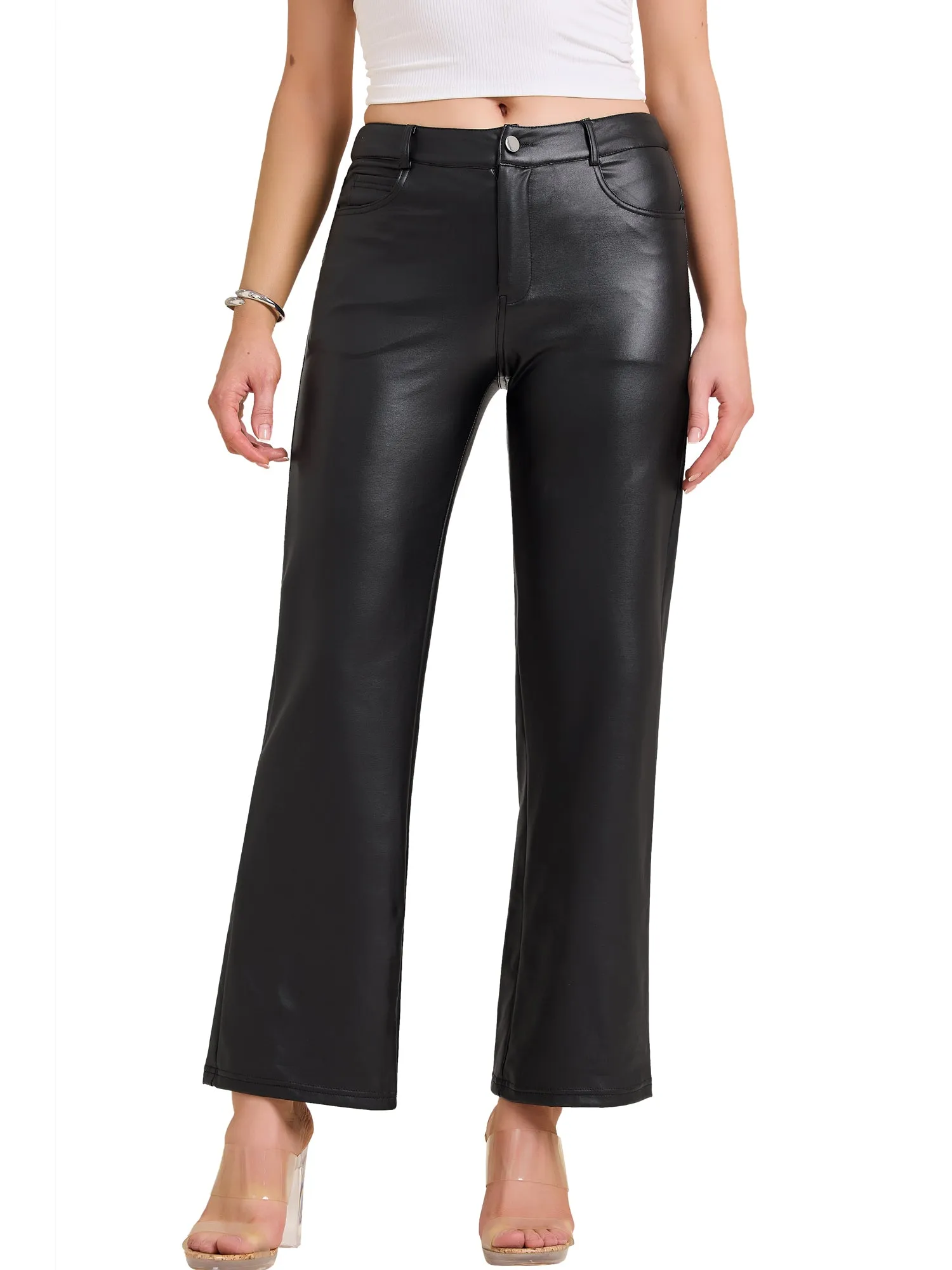 Straight Legs Pocketed Faux Leather Pants sold by Allegra K product image thumbnail 4