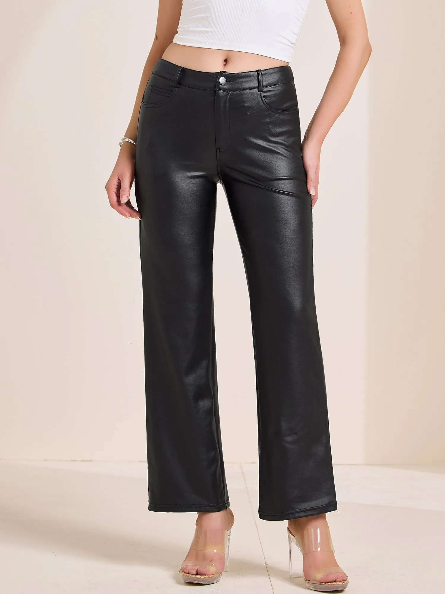 Straight Legs Pocketed Faux Leather Pants sold by Allegra K product image thumbnail 2