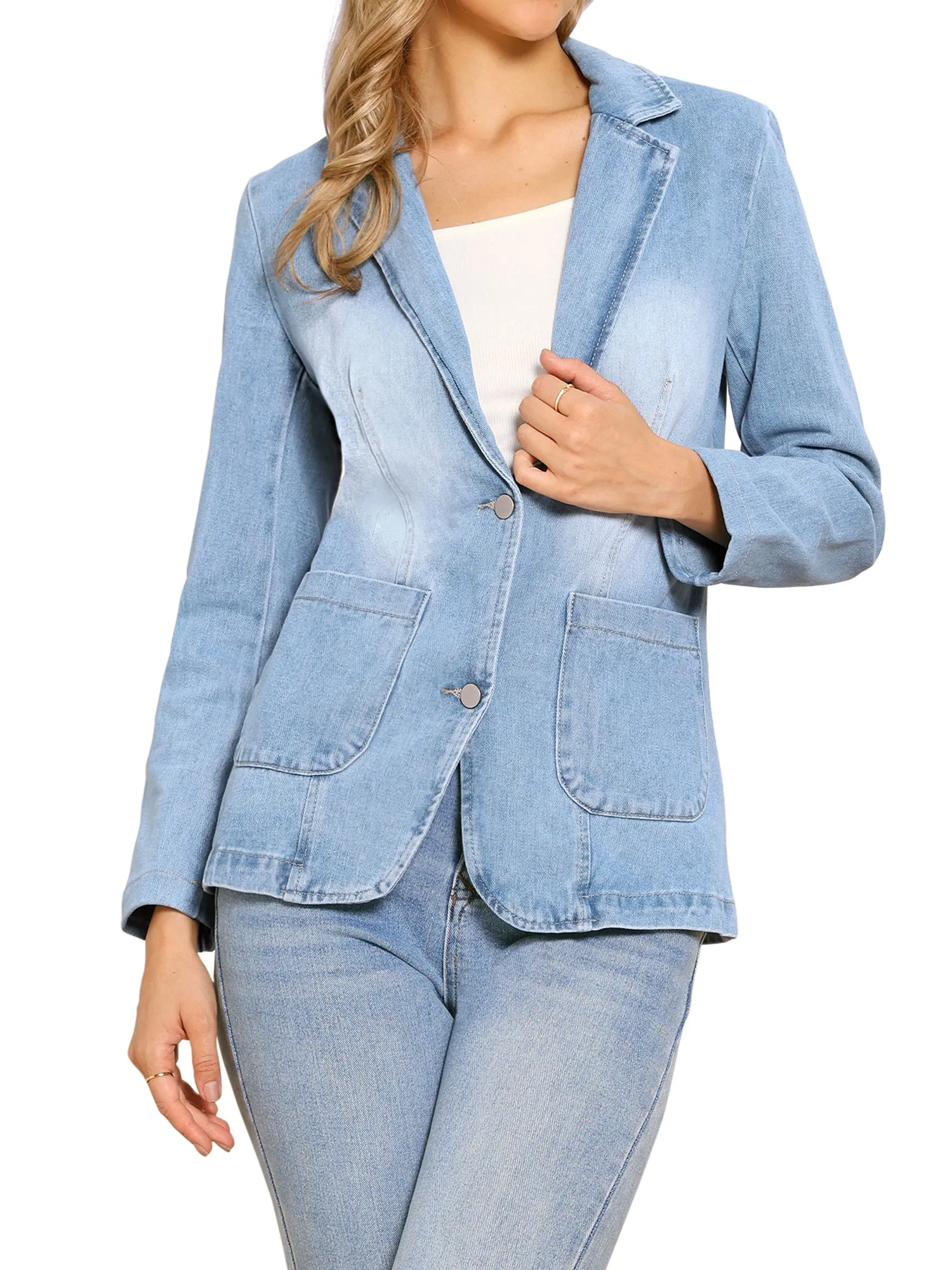 Notched Lapel Button Down Pocketed Denim Jean Jacket sold by Allegra K product image thumbnail 4