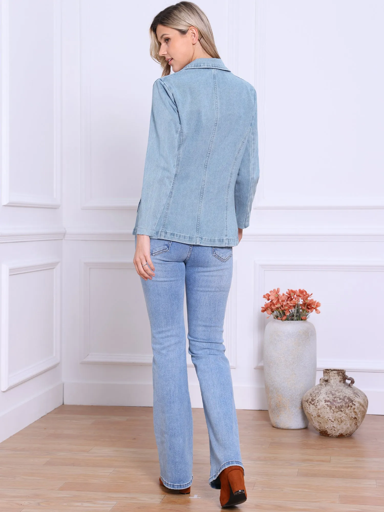 Notched Lapel Button Down Pocketed Denim Jean Jacket sold by Allegra K product image thumbnail 2