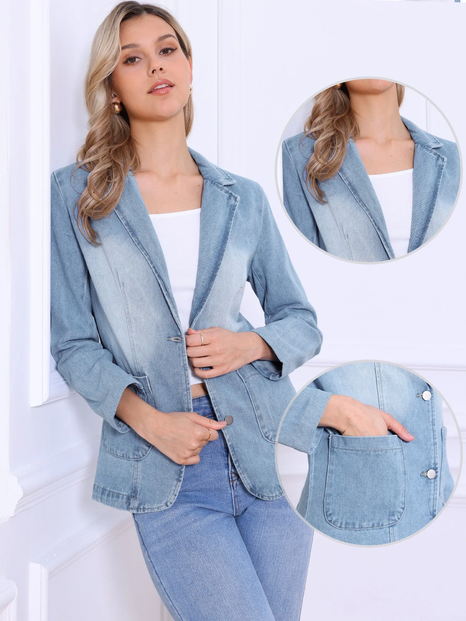 Notched Lapel Button Down Pocketed Denim Jean Jacket sold by Allegra K