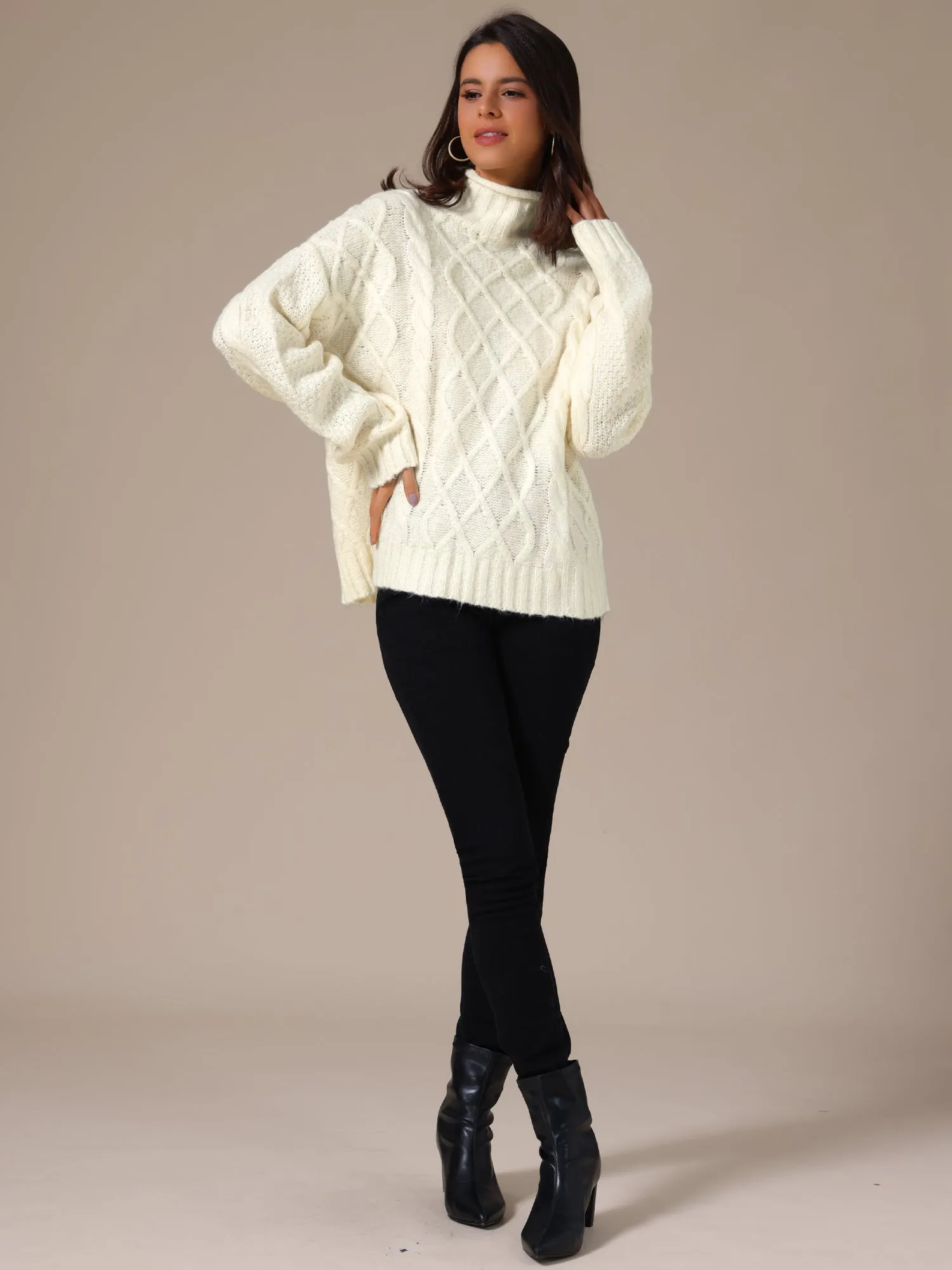 Turtleneck Oversize Long Sleeves Pullover Cable Knit Sweater sold by Allegra K product image thumbnail 2