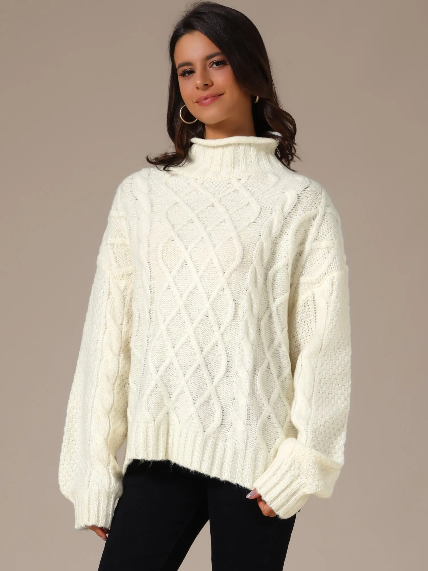 Turtleneck Oversize Long Sleeves Pullover Cable Knit Sweater sold by Allegra K