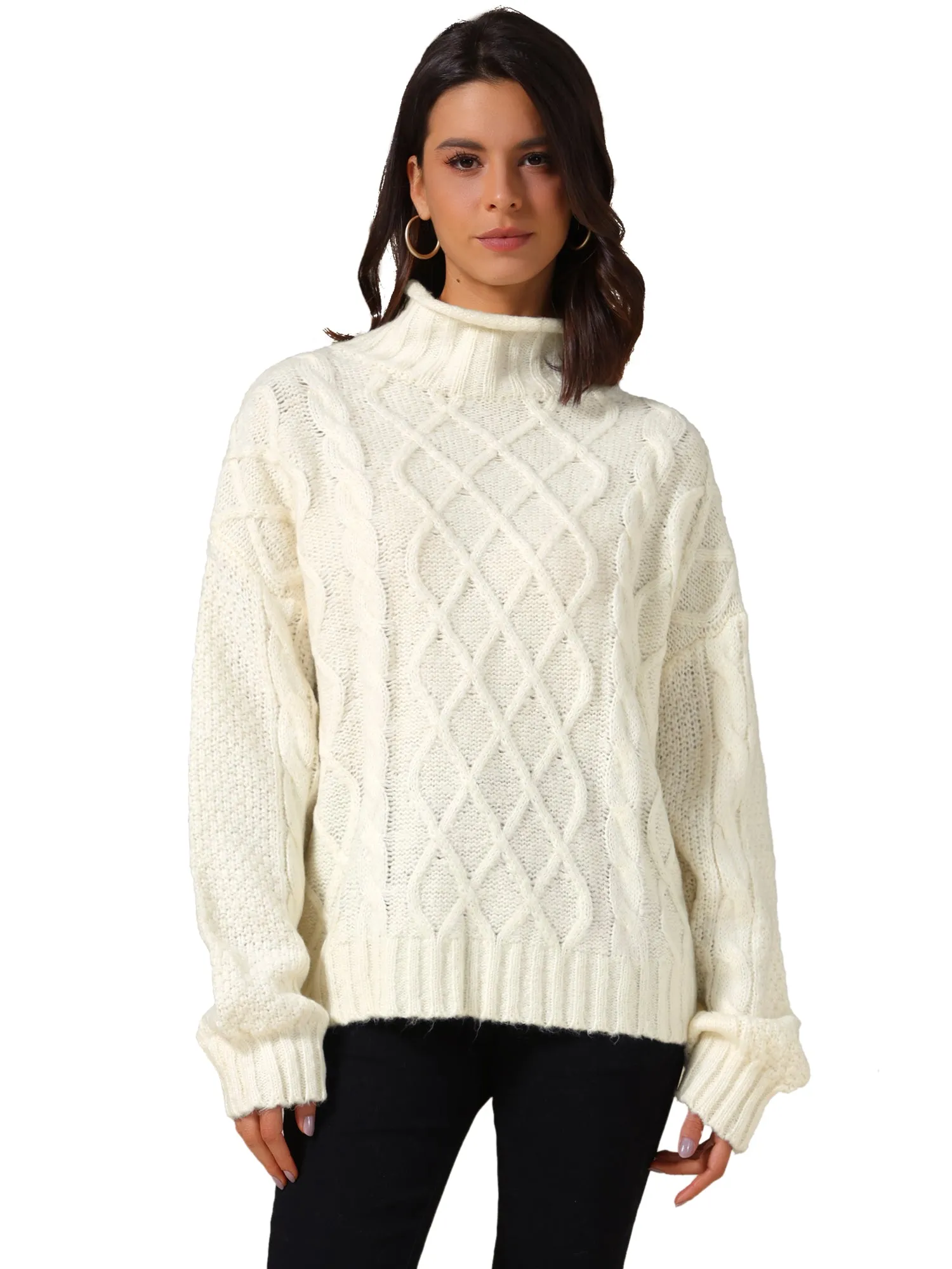 Turtleneck Oversize Long Sleeves Pullover Cable Knit Sweater sold by Allegra K product image thumbnail 4