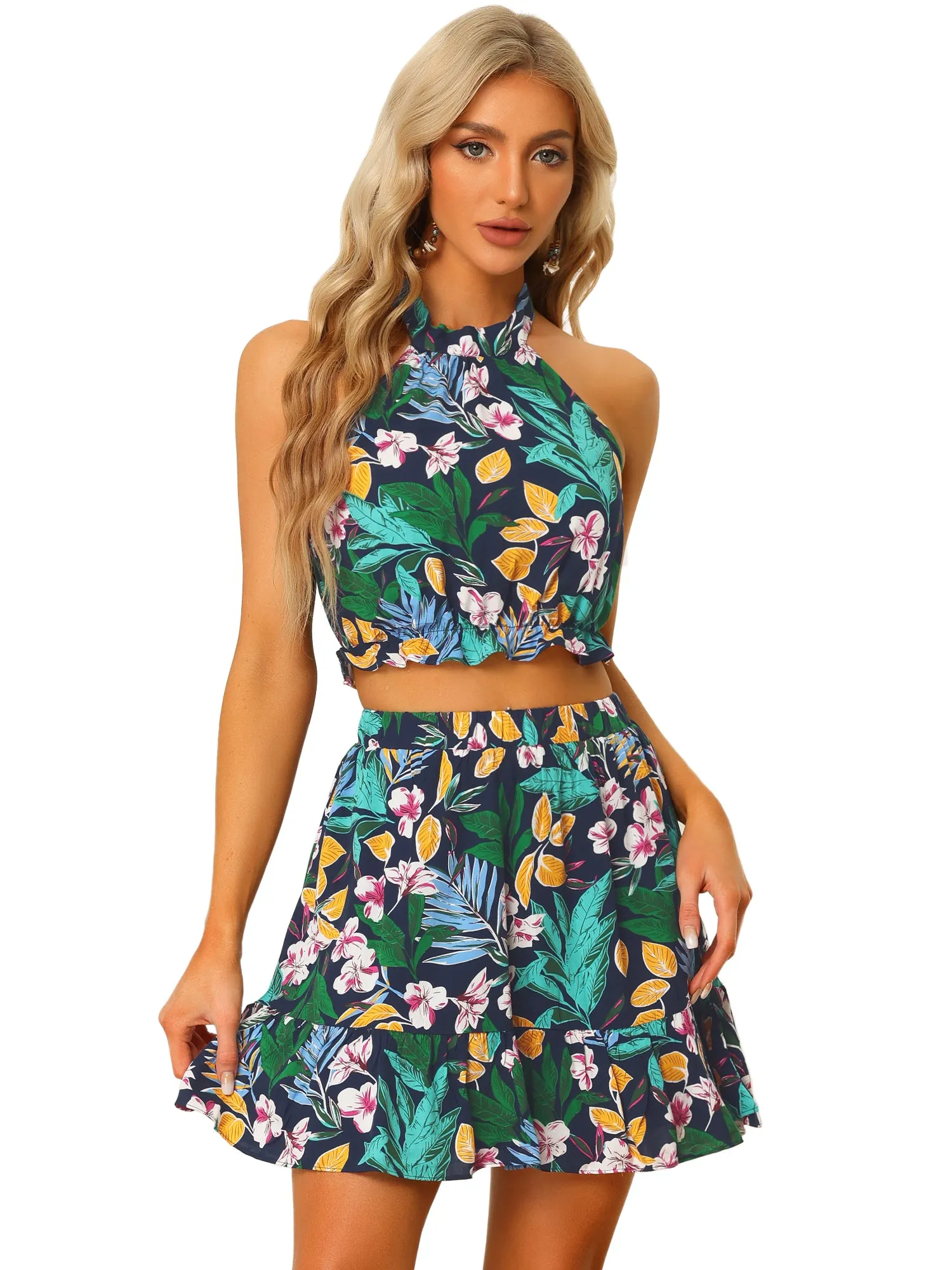 Floral Halter Neck Sleeveless Crop Top Short Skirt 2 Piece Set sold by Allegra K product image thumbnail 5