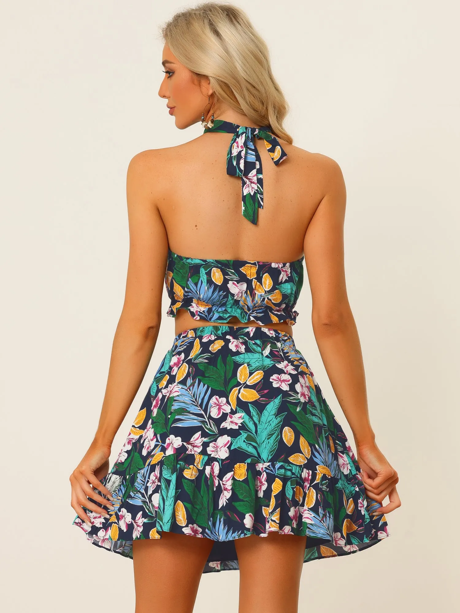 Floral Halter Neck Sleeveless Crop Top Short Skirt 2 Piece Set sold by Allegra K product image thumbnail 3