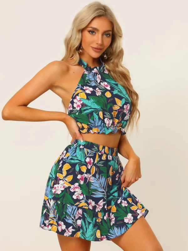 Floral Halter Neck Sleeveless Crop Top Short Skirt 2 Piece Set sold by Allegra K