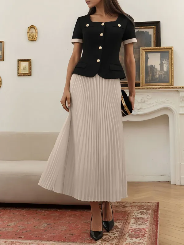 2 Pieces Short Sleeves Button Top & Pleated Maxi Skirt Set sold by Allegra K