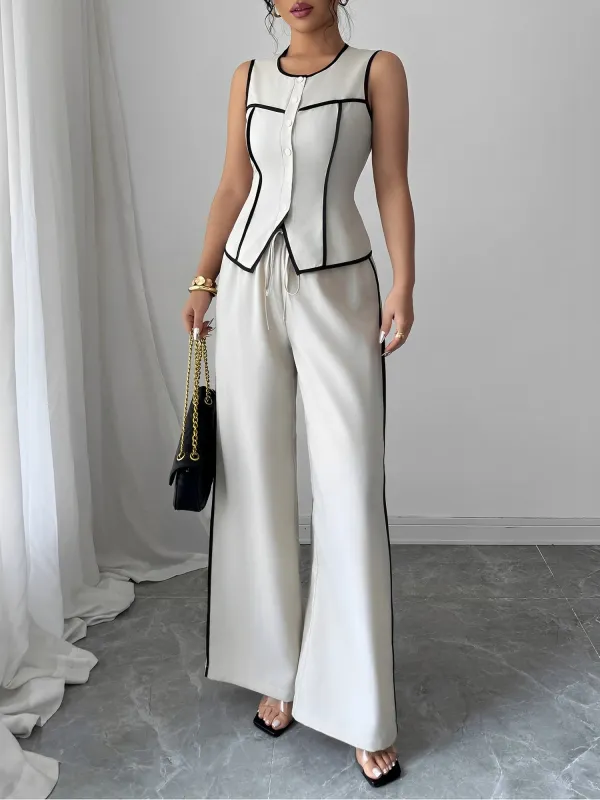 2 Pieces Colorblock Button Vest & Wide Leg Pants Set sold by Allegra K