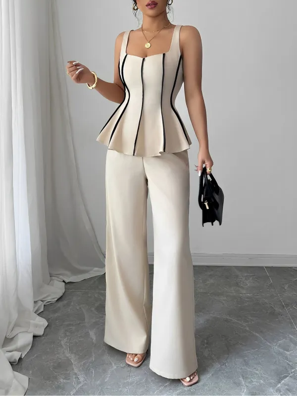 2 Pieces Colorblock Sleeveless Ruffled Top & Wide Legs Pants Set sold by Allegra K