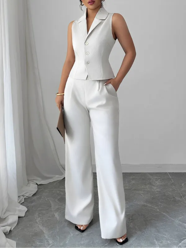 2 Pieces Notched Lapel Sleeveless Vest & Pleated Wide Legs Pants Set sold by Allegra K